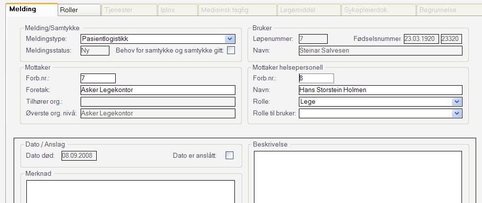 Dersom brukeren i Profil ikke er meldt død med angitt dato vil en få feilmelding (Brukeren er ikke død), og valget blir avvist.