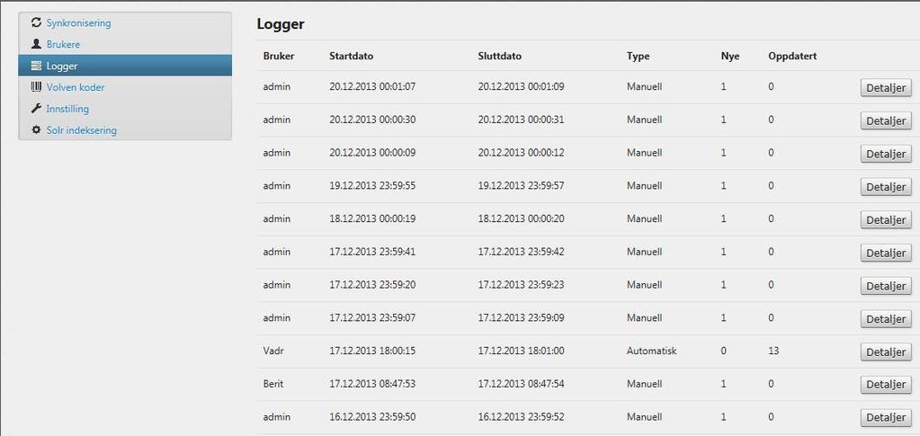 12.6 Logg Loggen viser når vadr sist ble oppdatert, enten ved at synkroniseringsjobben er kjørt, eller ved at noen har lastet ned en ny