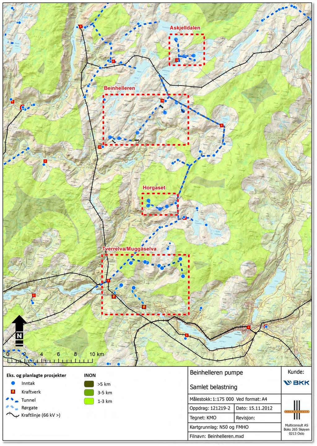 Figur 23. Eksisterende og planlagte vannkraftutbygginger av en viss størrelse i området, samt INON.