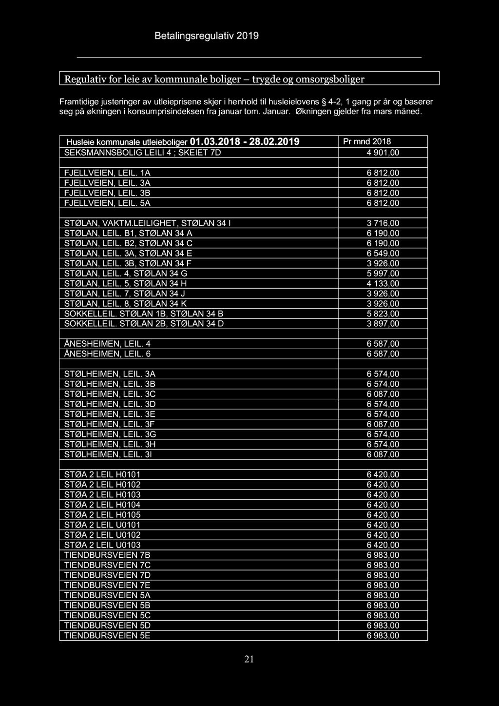 Betalingsregulativ 201 9 Regulativ for leie av kommunale boliger trygde og omsorgsboliger Framtidige justeringer av utleieprisene skjer i henhold til husleielovens 4-2, 1 gang pr år og baserer seg på