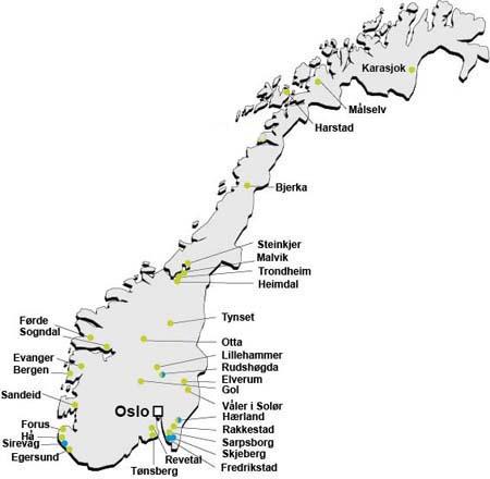 Figur 5.1: Lokalisering av Norturas 33 produksjonssteder i Norge. Kilde: Nortura. Det fremkommer av kartet at Nortura har anlegg over store deler av landet, fordelt på 13 fylker.