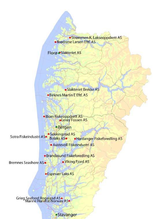 Lokaliteter til slakterier for oppdrettsfisk på Vestlandet i 2008 fremkommer av figur 5.7.