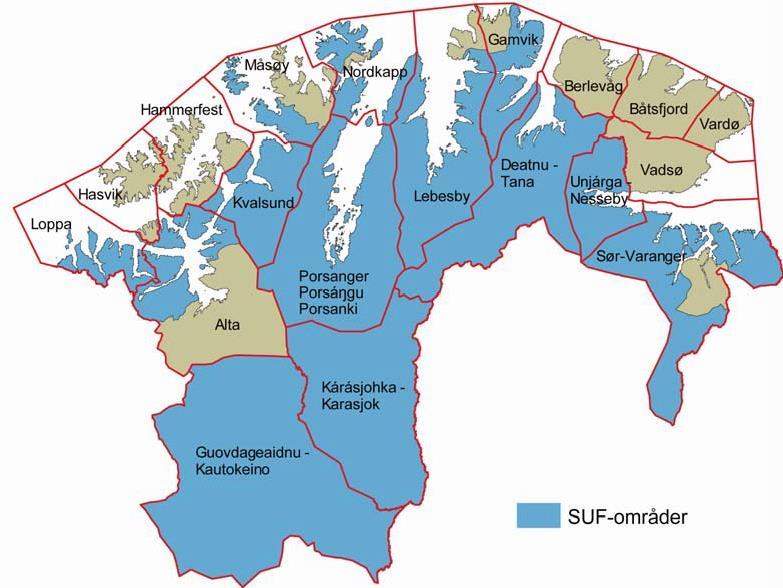3.4 Folketallsutvikling i SUF-kommuner i Finnmark Figur 3.7 Det geografiske virkeområdet for Samisk utviklingsfond (SUF) i Finnmark.