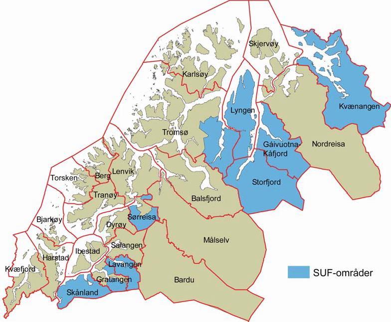 3.5 Folketallsutvikling i SUF-kommuner i Troms Figur 3.15 Det geografiske virkeområdet for Samisk utviklingsfond (SUF) i Troms.