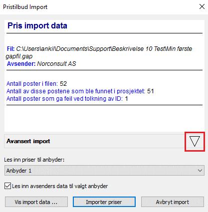 Denne dialogen kommer opp: Her har du følgende valgmuligheter: Les inn priser til anbyder: Velg anbyder du ønsker å legge prisene på. Vis import data: Viser prisene du leser inn.