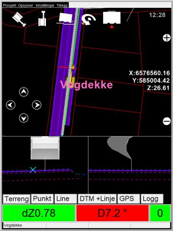 I tverrprofilvisningen er alle lagene i veien synlige, som striplete linjer i forskjellige farger, mens flaten du har valgt er tydelig markert. Du ser ogsa et kryss i tverrprofilvisningen.