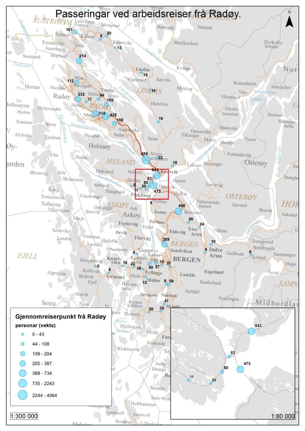 Tal passeringar på utvalde punkt av arbeidsreiser for busette i Radøy Kartet i Figur 52 nedenfor viser punkt som er plassert på utvalde stadar.