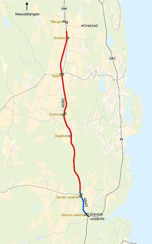 Fv.156 Bråtan Tusse Gang- og sykkelveg langs fv.156: Glenne veiskille - Grøstad Parsell: Glenne veiskille - Grøstad Lengde parsell Nøkkeltall 3,2 km ÅDT 2014 (Gullerud) 4700 ÅDT 2036 0-alt.