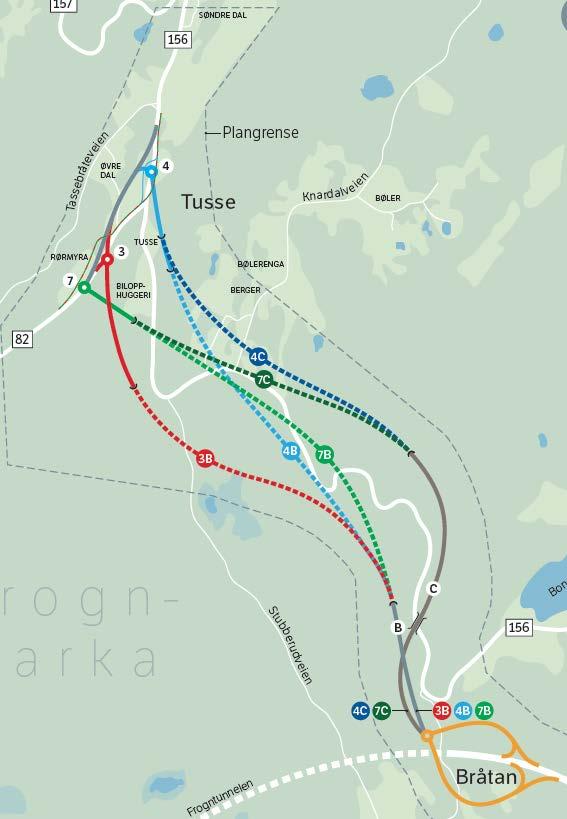 Fv.156 Bråtan Tusse Fem traseer utredet i KU: 3B - tunnel 4B - tunnel 4C - tunnel 7B - tunnel 7C - tunnel Dagløsning ikke