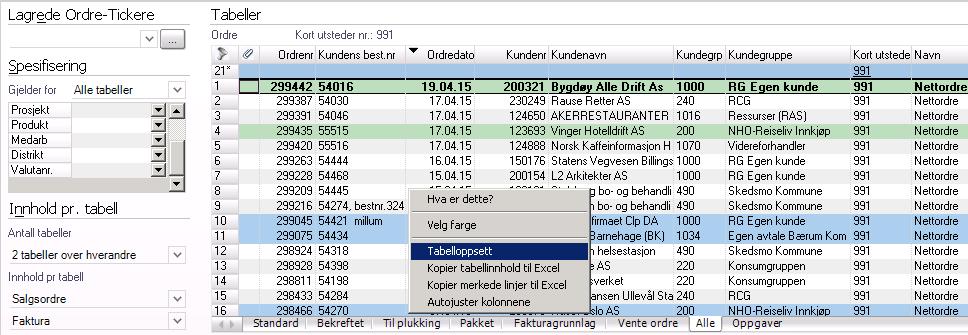 Endre tabelloppsett - Se nettordre og portalordre i Ordre-Ticker Med utgangspunkt i ditt eksisterende tabelloppsett i Ordre-Ticker kan du få inn informasjon om nettog portalordre slik: Høyreklikk med