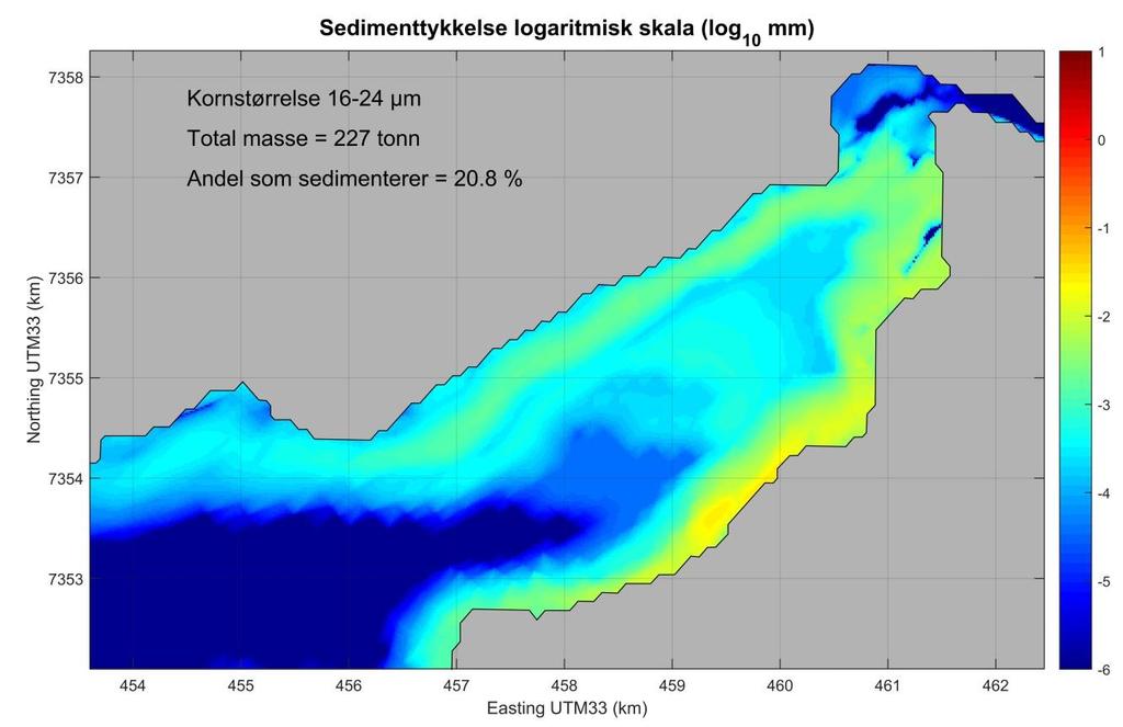 Fargeskalaen angir sedimenttykkelsen i mm på en logaritmisk skala. Konturlinjer for en tykkelse på 0,1 mm røde linjer.