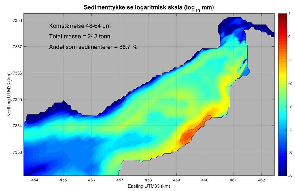 Figur 32. Modellert sedimenttykkelse forårsaket av mudring basert på modellscenariet VAL, for partikler med kornstørrelse 48-64 µm. Fargeskalaen angir sedimenttykkelsen i mm på en logaritmisk skala.