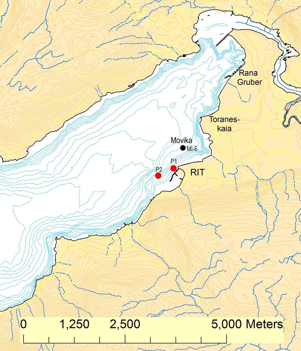 Figur 1. Kart over innerste del av Ranfjorden hvor Ranelva renner ut. Dybdekoter er tegnet med blå strek og høydekoter med brun strek.