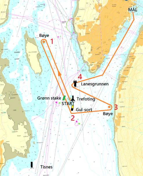 Lang nordlig bane Start nordover mellom grønn stake ved Lanesgrunnen og trefotet stålstake Babord runding utlagt merke øst for Grindøya, posisjon 69 38,4' N 18 51,6' E Babord runding gul-sort stake