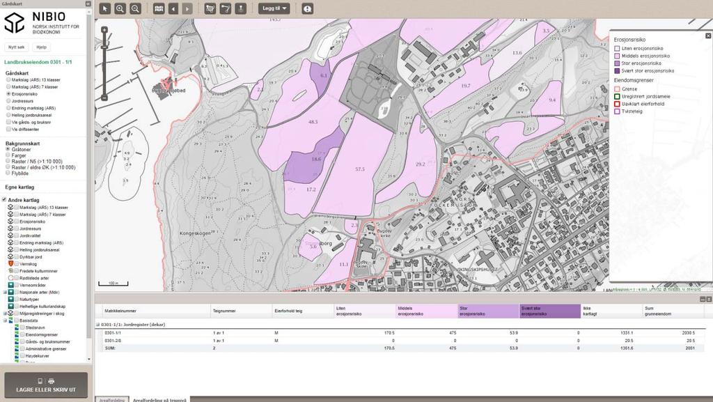 3.5.3 Gårdskart Enkelte temakart, slik som erosjonsrisikokart, jordressurskart og hellingskart er tilgjengelig for landbruks-eiendommer i den kartportalen Gårdskart på internett.