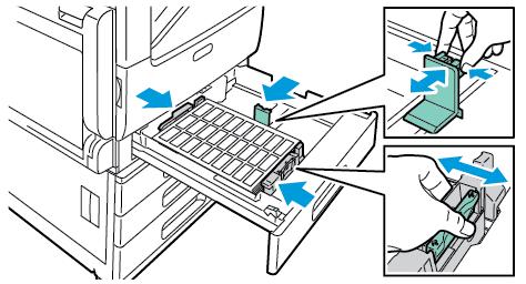 Papir og materialer 6. Juster lengde- og breddestøttene slik at de står inntil etikettene. 7. Skyv magasinet tilbake i skriveren. 8. Velg papirformat, -type og -farge på kontrollpanelet.