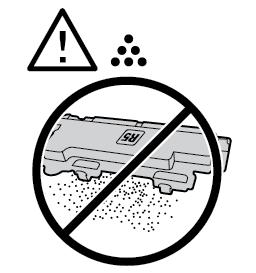 Forsiktig: Legg ikke avfallskassetten på siden slik at fargepulveret lekker ut.