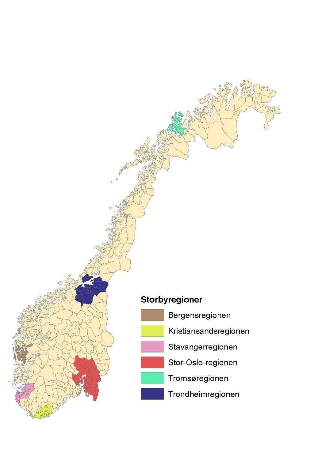 Kartet viser avgrensning av storbyregionene i dette prosjektet. På kartene for hver storbyregion under vises avgrensningen av storbyregionene ved en tykk heltrukken strek.