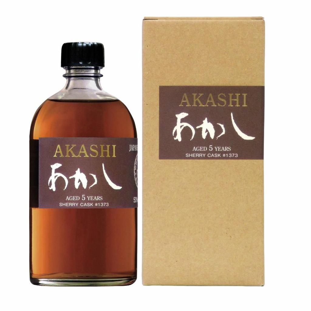 Akashi Single Malt 5 YO single cask #1373 Modnet i et ex-sherry fat Farge: Mahogny Aroma: Intens frukt, vanilje Smak: Tørr frukt, mandler Ettersmak: Frukt og delikate hvite blomster.