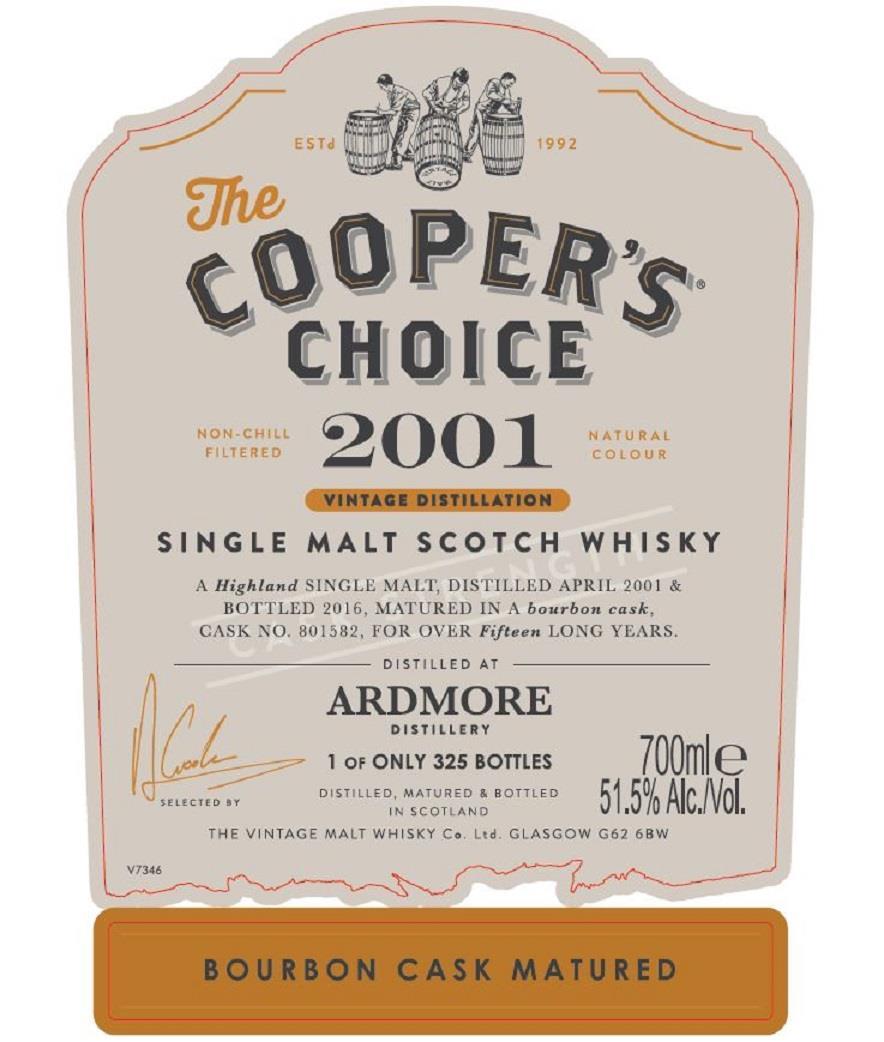 Coopers Choice Ardmore 2001 15 yo #801582 Cask Strength Destillert i april 2001, tappet i 2016.