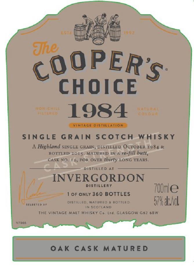 Coopers Choice Invergordon 1984 30 yo #12 refill butt Cask Strength Destillert i oktober 84, tappet i 2015. Lagret i refill sherry butt nr 12 for over 30 år Farge: Gyldengul Nese: Kokos og vanilje.