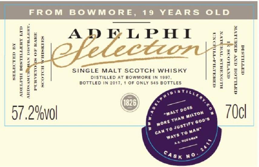 Adelphi Selection Bowmore 1997 19 yo #2411 Destillert i 1997 på Bowmore, lagret på et refill ex-sherry fat, tappet 2017 av Adelphi.