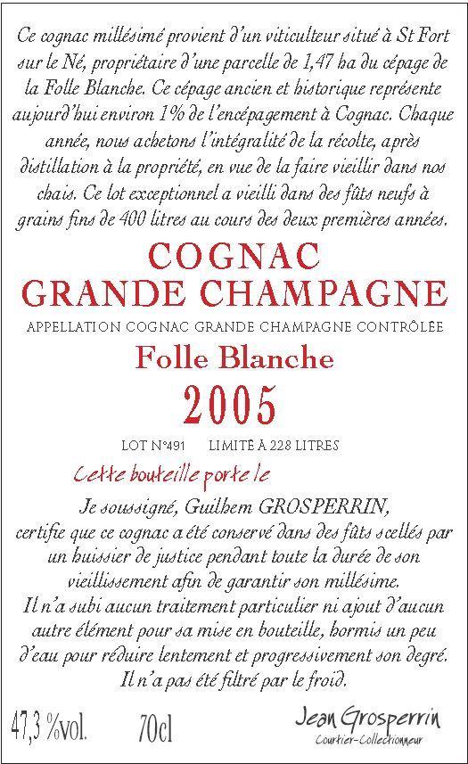 Cognac GROSPERRIN 50 ans Bons Bois Destillert i en Charentaise Alambic. Lagret på fransk eik. Denne har 50 år på fat Farge: Kobber Nese: Aromatisk og elegant. Smak: En uvanlig "cru". Lett men fyldig.