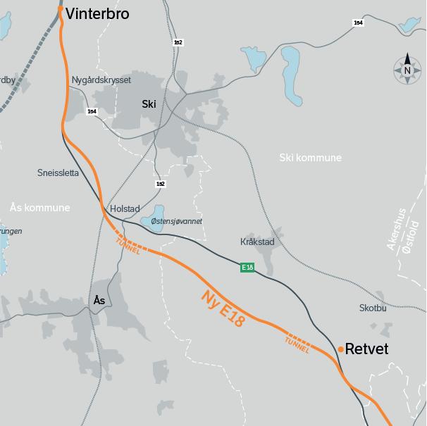 Reguleringsfase E18 Retvet-Vinterbro Anslått kostnad ca 7 milliarder 4-felts motorveg, 110 km/t Plan på høring