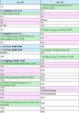 Aktivitet i hallen Her er aktivtetsplanen så langt angående treninger og arrangement i treningslokalene for november og desember:-) Vi ønsker mere aktivitet i hallen :-) Har du