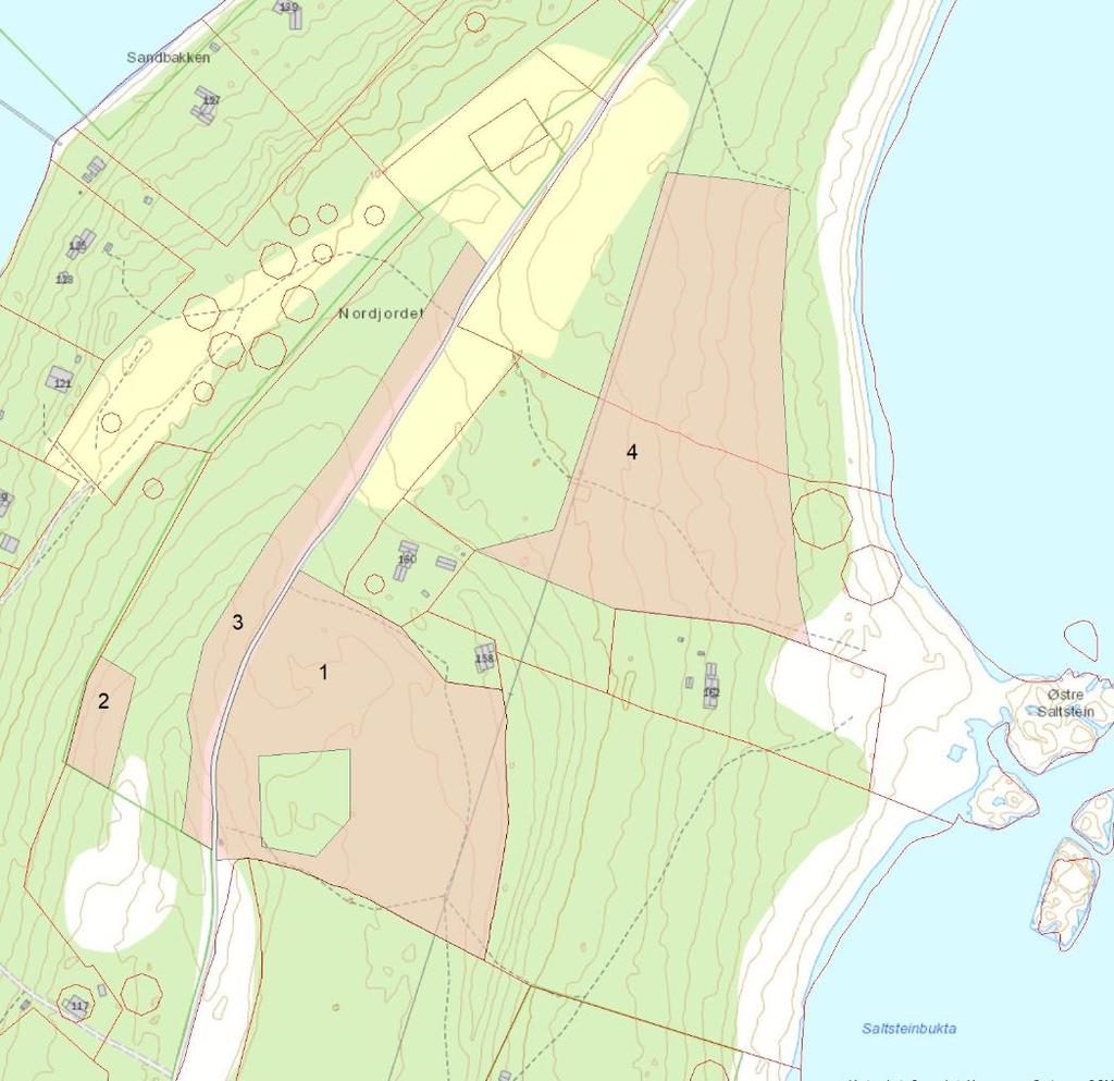 Vedlegg 10: Kart over arealer i delområde 1 og 3 på Jomfruland med tilpasset skjøtsel 1. Areal for uttak av virke på eiendommen 29/6 i henhold til retningslinjer til verneforskriften 4.c. 2. Areal for skjøtsel av eikeskog/eikehage på eiendommen 29/6 jf.