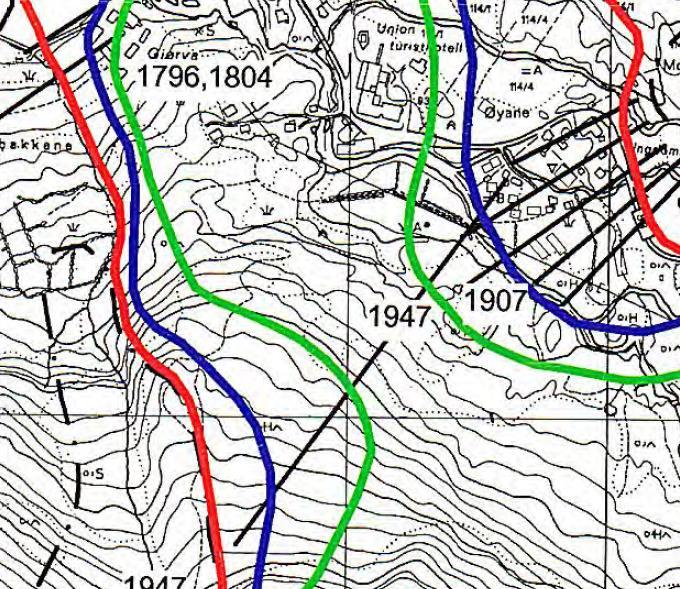 13 6.3 Aktsemdkart I Geiranger er det i følgje aktsemdkart for skred store potensielle aktsemdsone for skred.