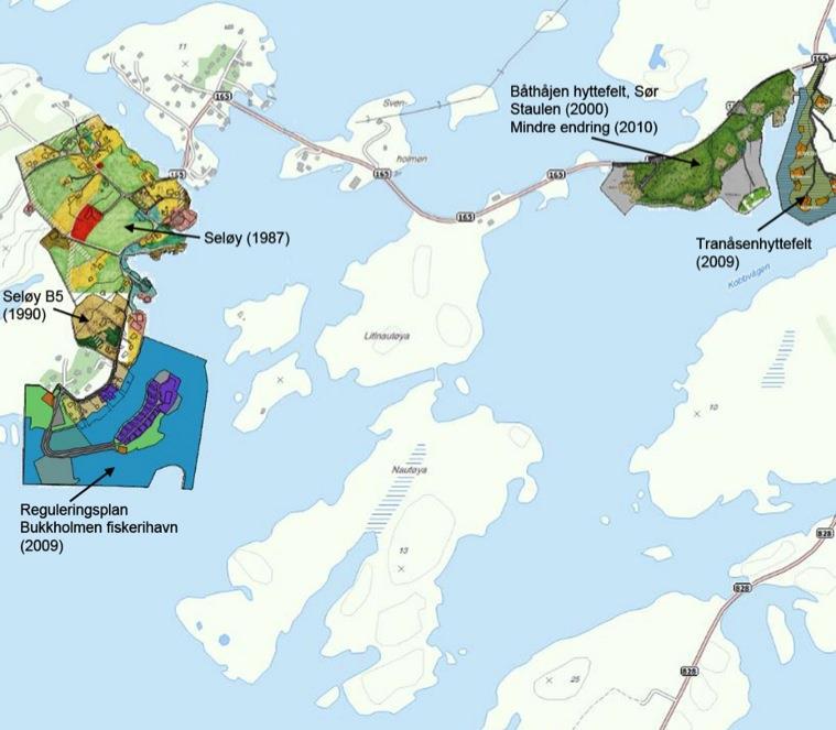 3.4 Reguleringsplaner Planområdet ligger i uregulert område. I tilstøtende områder finnes det enkelte reguleringsplaner på Seløya i vest og for hyttefeltene Båthåjen og Tranåsen i øst.