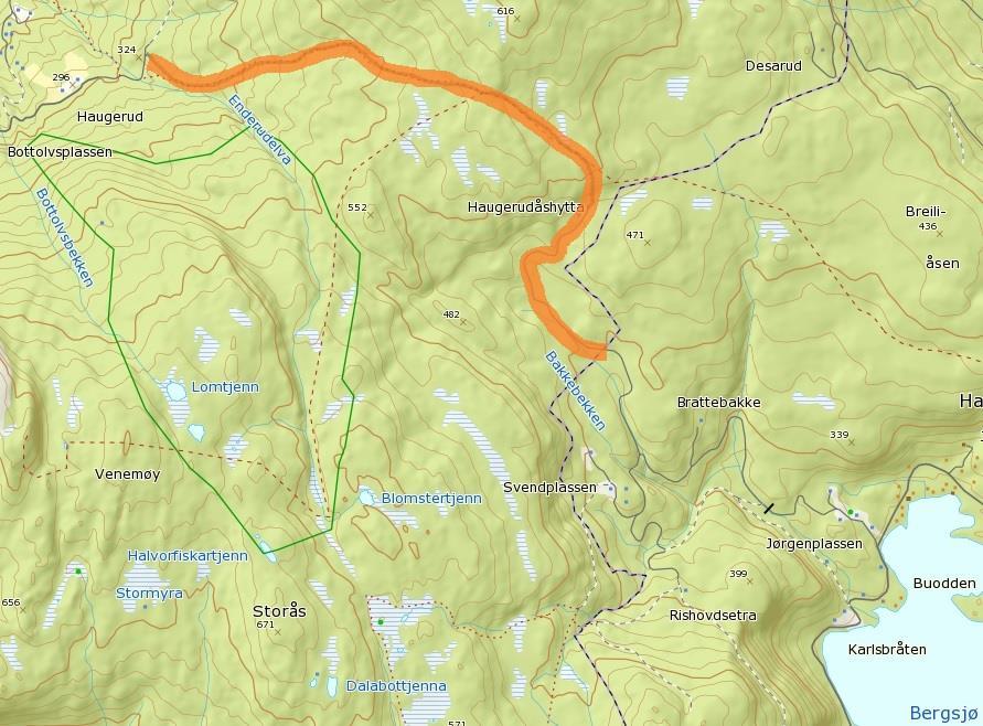 55 55: Haugerudkleiva Skogsbilvei med avkjøring fra Svendplassveien i Ringerike som skal forlenges videre fra Haugerudåshytta over til Haugerud.