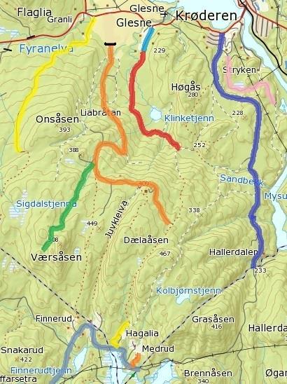 108: Strykmyra 109 110: Veien til Finnerud går via Modum. Noen eiendommer har også adkomst fra Sigdal. Veien heter i Modum Hallerdalsveien og Håvardsrudveien. Fra Sigdalsia heter veien Finnerudskogen.