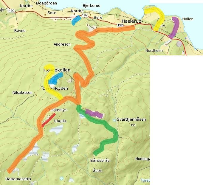 138 B 138 C 139 138 A 140 138A: Hallen 141 142 143 144 138B: Haslerudodden 138C: Bakkelia Veien tar av fra Fv 192 og fører til fire hytter.