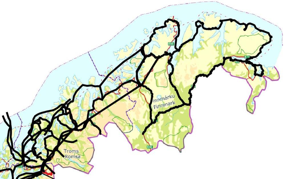 Figur 5. Kjente fiber-traséer fra Narvik og nordover. I Troms er Bredbåndsfylket Troms (BBFT) en viktig leverandør av Internett og relaterte tjenester til offentlige virksomheter.