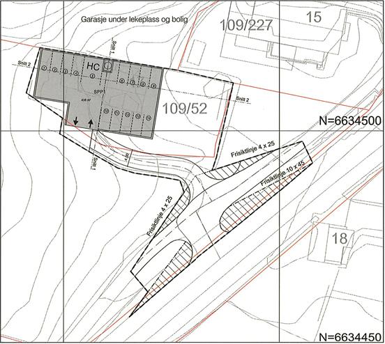 Side 7 av 9 Parkeringsplassane er planlagt under bakkenivå, medan leikeplassen er planlagt over parkeringsgarasjen. Krav til leikeplass: 25 m2 pr. bustad = 225 m2.