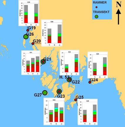 Figur 50. Antall taxa tilstede på ved rammeundersøkelser på strandsonestasjonene i østlig del av Ytre Oslofjord i 2007, 2009 og 2010.