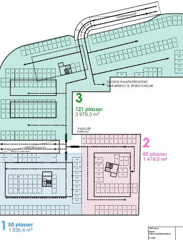 Illustrasjon av mulig løsning for parkeringskjeller. Det er i illustrasjonen lagt inn mulighet til framtidig nedkjøring direkte fra Sentrumsveien i nord.