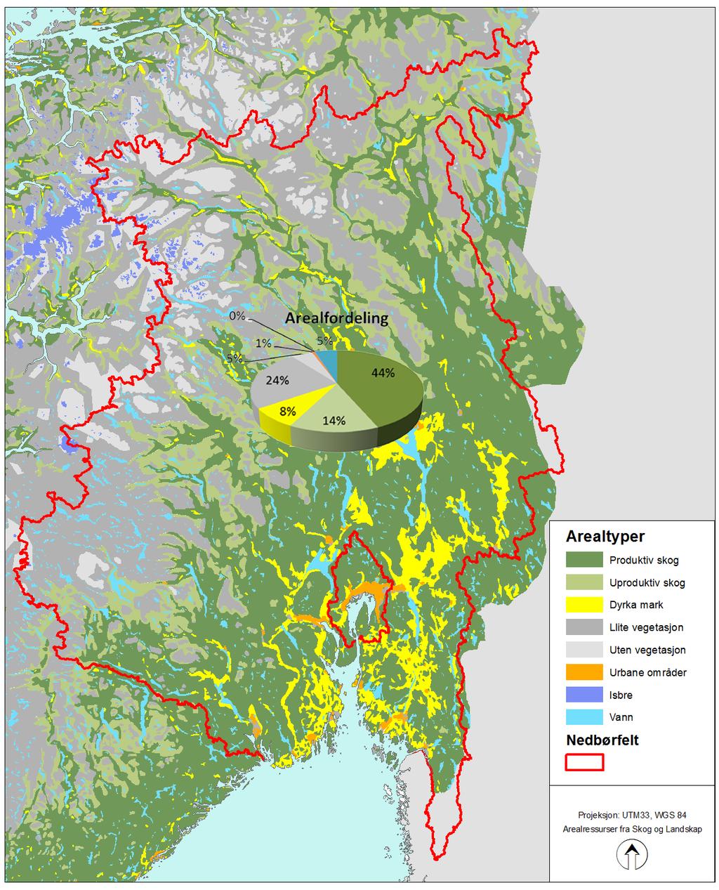 Geografisk område Nedbørfelt: Flere av landets største elver munner ut i fjordområdet og drenerer både høyfjellsområder, store skogarealer og de produktive jordbruksarealene