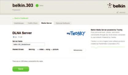 Andre egenskaper Media Server by mytwonky Media Server by mytwonky gjør det mulig for ruteren å direkteavspille musikk, filmer og bilder til forskjellige DLNA/UPnP-enheter på nettverket.