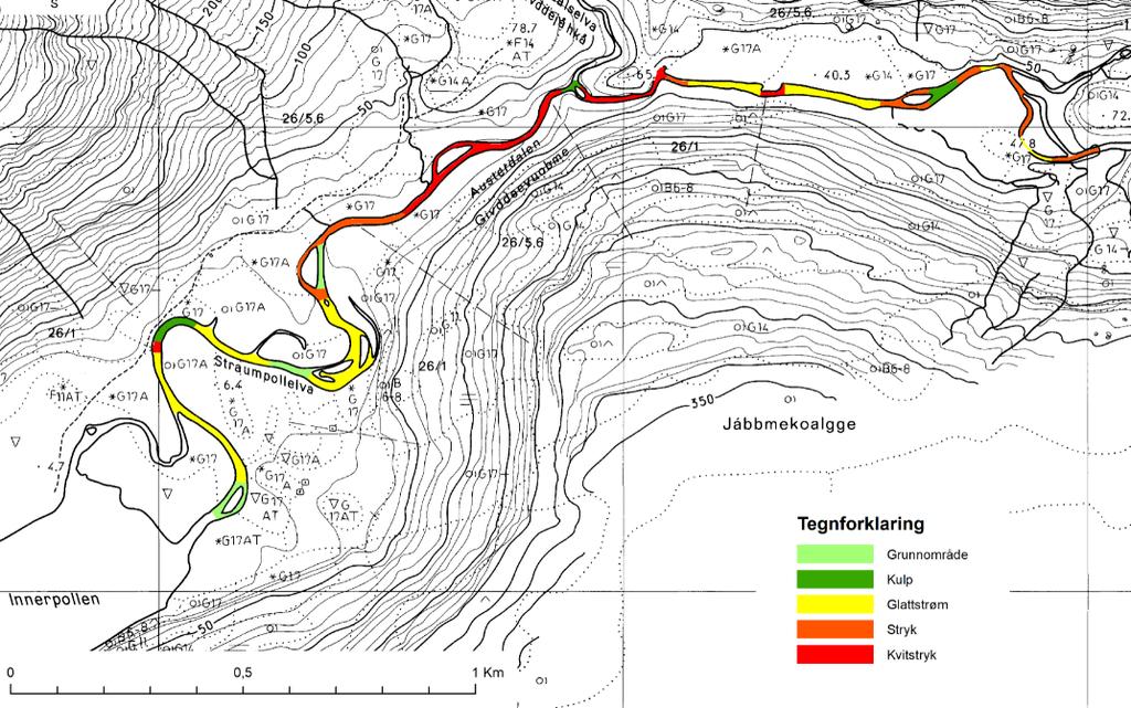 Areal (m 2 ) Ferskvannsbiologen Rapport 2018-09 4.2 Bonitering Mesohabitatkartlegging Kartleggingen av mesohabitater er basert på befaringer langs elva og fotografering fra helikopter 13.