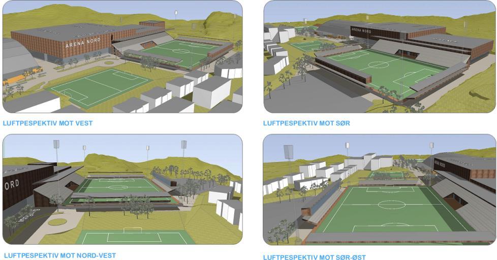 Figur 3. Illustrasjoner/luftperspektiv av idrettsparken Forholdet til kommuneplanens arealdel I gjeldende KPA er planområdet vist som område for idrettsanlegg og grønnstruktur.