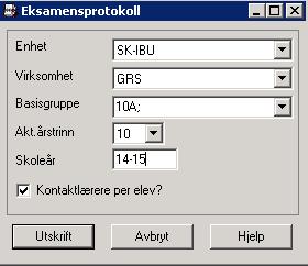 1) Gå til Verktøy Elev Kunnskapsløftet-Dokumentasjon Eksamensprotokoll 2) Gjør utvalg på Enhet, Virksomhet = GRS, Basisgruppe, Akt. Årstrinn = 10, Skoleår = 14-15 NB!