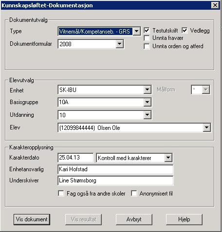 3.1 Dialogboks ved utskrift Testutskrift skal være haket av inntil vitnemålet skal skrives ut Velg dokumenttype Dokumentformular skal være 2008 Fra Diverse-fliken på elevkortet To underskrifter, den