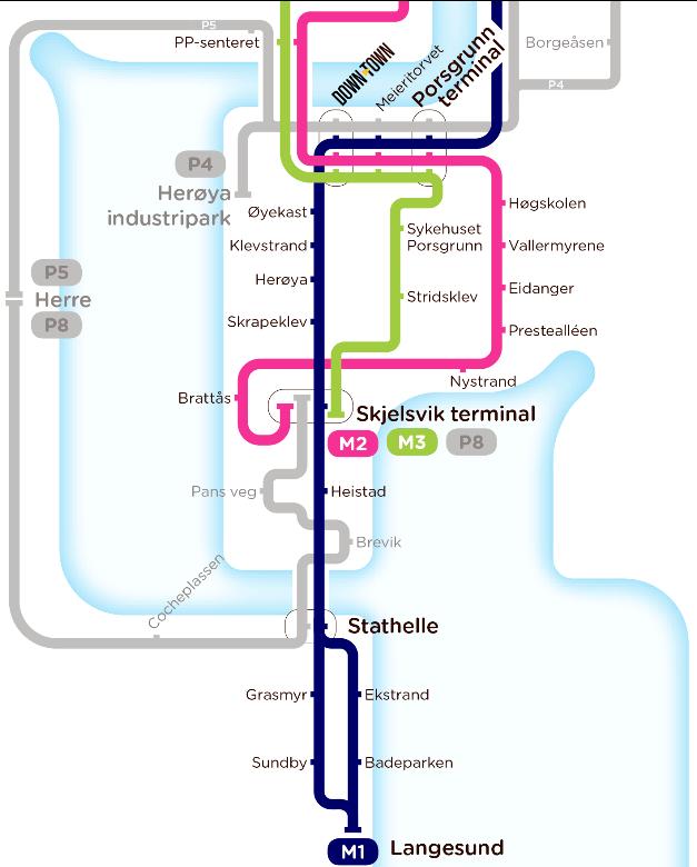 Figur 2: Lokalbuss linjenett i planområdet, klippet fra rutetabell fra farte.no. Se også kart senere i notatet.