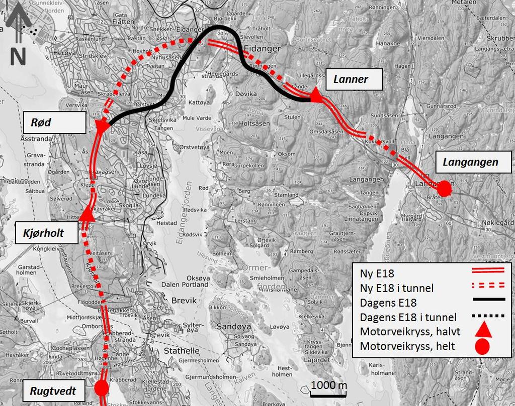 1. INNLEDNING Ny E18 skal bygges mellom Langangen og Rugtvedt i Telemark. Traseen går mellom eksisterende kryss ved Langangen i Porsgrunn og Rugtvedt i Bamble.