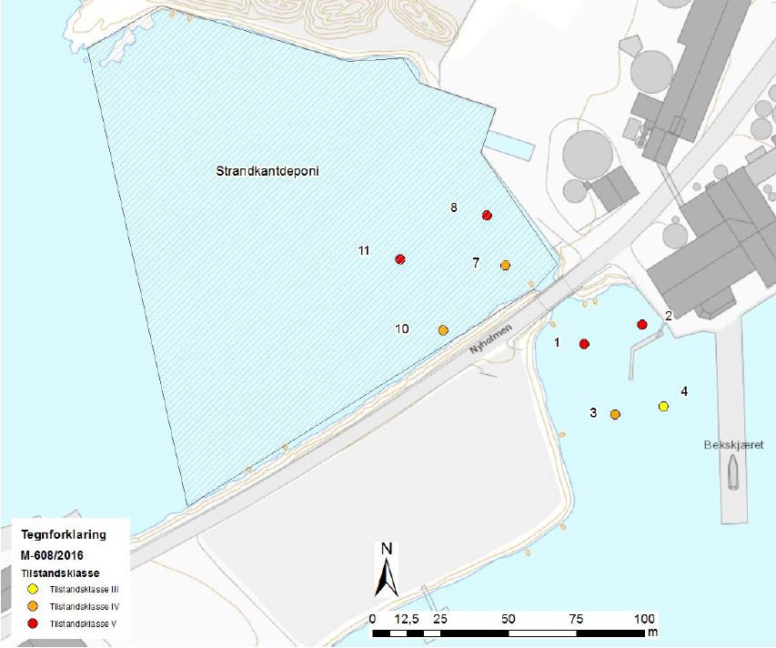 havn. Figur 7: Kart med angivelse av prøvestasjoner og fargekode for høyeste