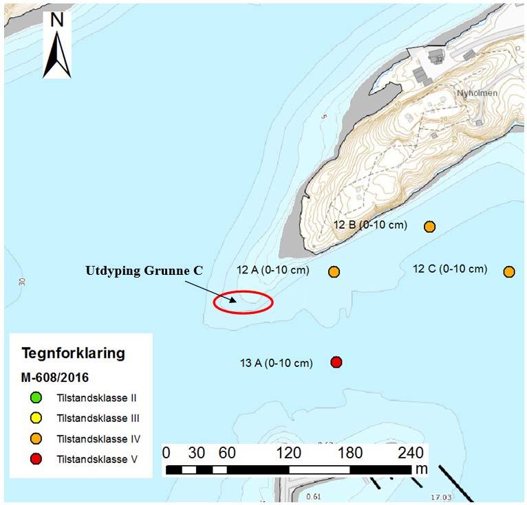 Figur 8: Grunne C. Kart med angivelse av prøvestasjoner og fargekode for høyeste påviste tilstandsklasse i prøvestasjoner i nærheten til utdypingsområdet.