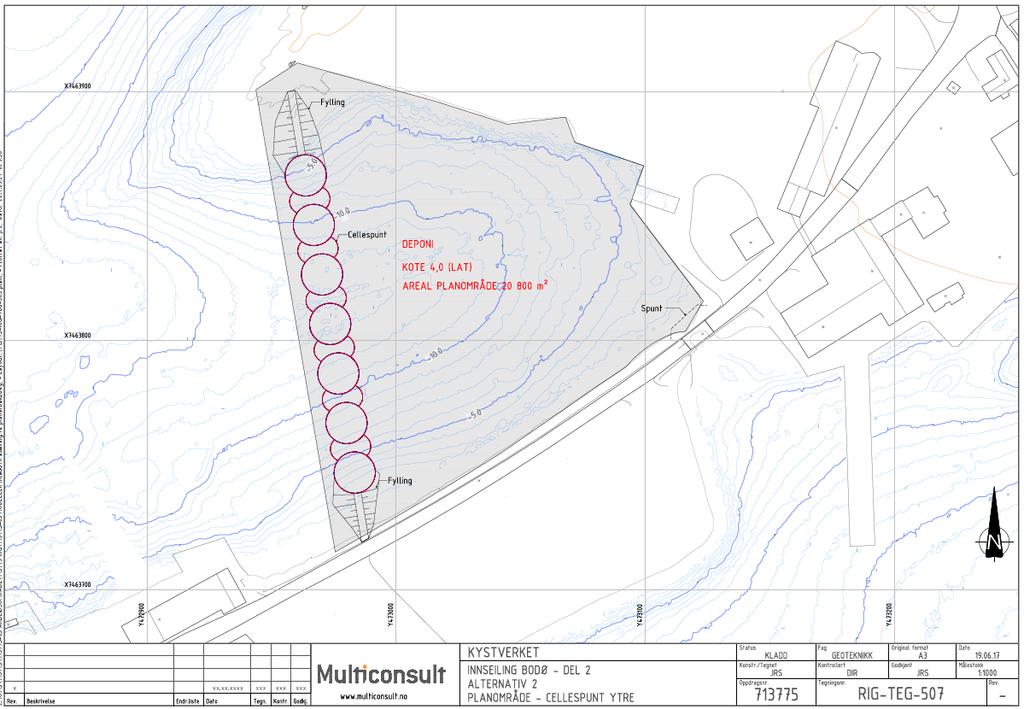 Tenkt plassering sedimentasjonsbasseng med siltgardin i front Fylling mot land Cellespunt Spunt eller fylling inntil bru Fylling mot land Figur 12: Strandkantdeponi mellom Langskjæret og Nyholmen.